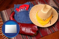 colorado map icon and western boots, hat, and jeans