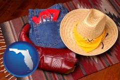 florida map icon and western boots, hat, and jeans