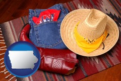 iowa map icon and western boots, hat, and jeans