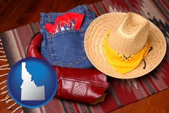 idaho map icon and western boots, hat, and jeans