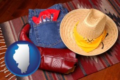 illinois map icon and western boots, hat, and jeans