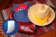indiana map icon and western boots, hat, and jeans