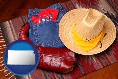 kansas map icon and western boots, hat, and jeans