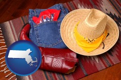 massachusetts map icon and western boots, hat, and jeans
