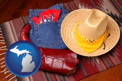 michigan map icon and western boots, hat, and jeans