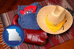 missouri map icon and western boots, hat, and jeans