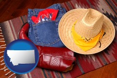 montana map icon and western boots, hat, and jeans