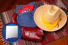 new-mexico map icon and western boots, hat, and jeans