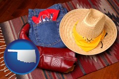 oklahoma map icon and western boots, hat, and jeans