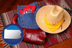pennsylvania map icon and western boots, hat, and jeans