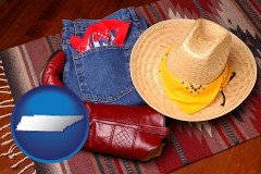 tennessee map icon and western boots, hat, and jeans