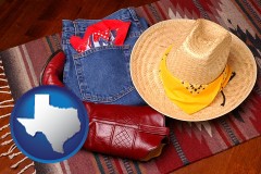 texas map icon and western boots, hat, and jeans