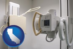 california map icon and a hospital x-ray machine