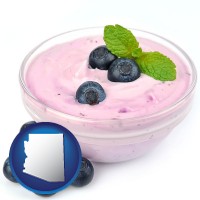 arizona map icon and blueberry yogurt with fresh blueberries