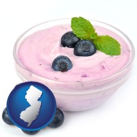 new-jersey map icon and blueberry yogurt with fresh blueberries