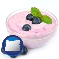 oregon map icon and blueberry yogurt with fresh blueberries